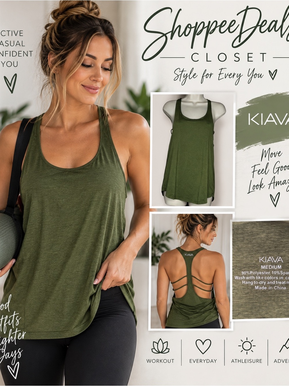 KIAVA Olive Green Strappy Open Back Racerback Workout Tank Top Women’s M